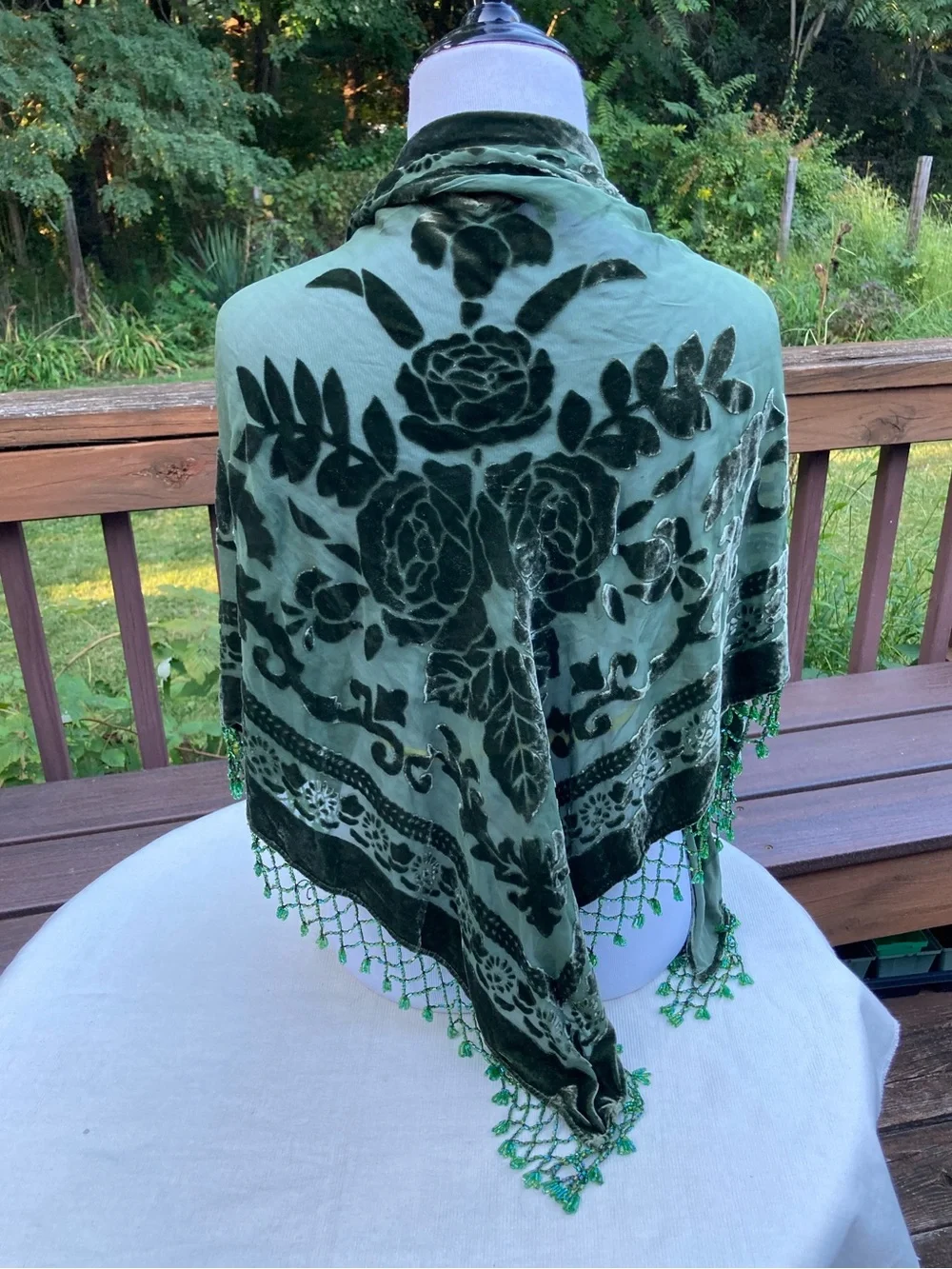 Vintage Rose Silk Velvet Burnout Triangle Shawl Green Floral Beaded Fringe